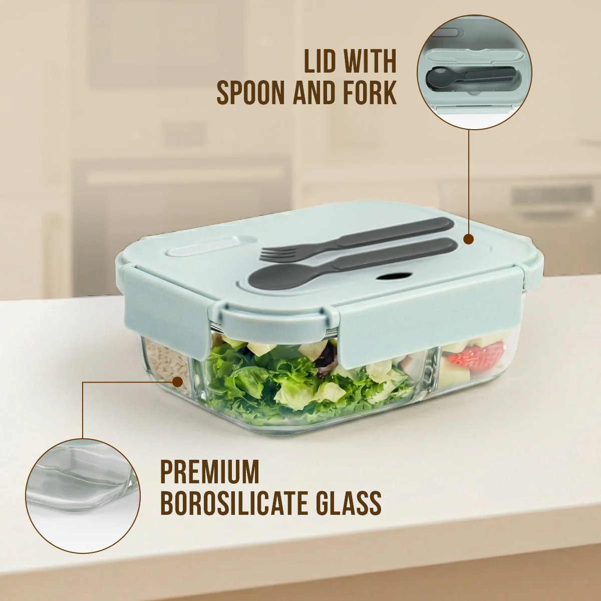 2-Compartment Rectangle Glass Food Container (1050ml) - Image 3