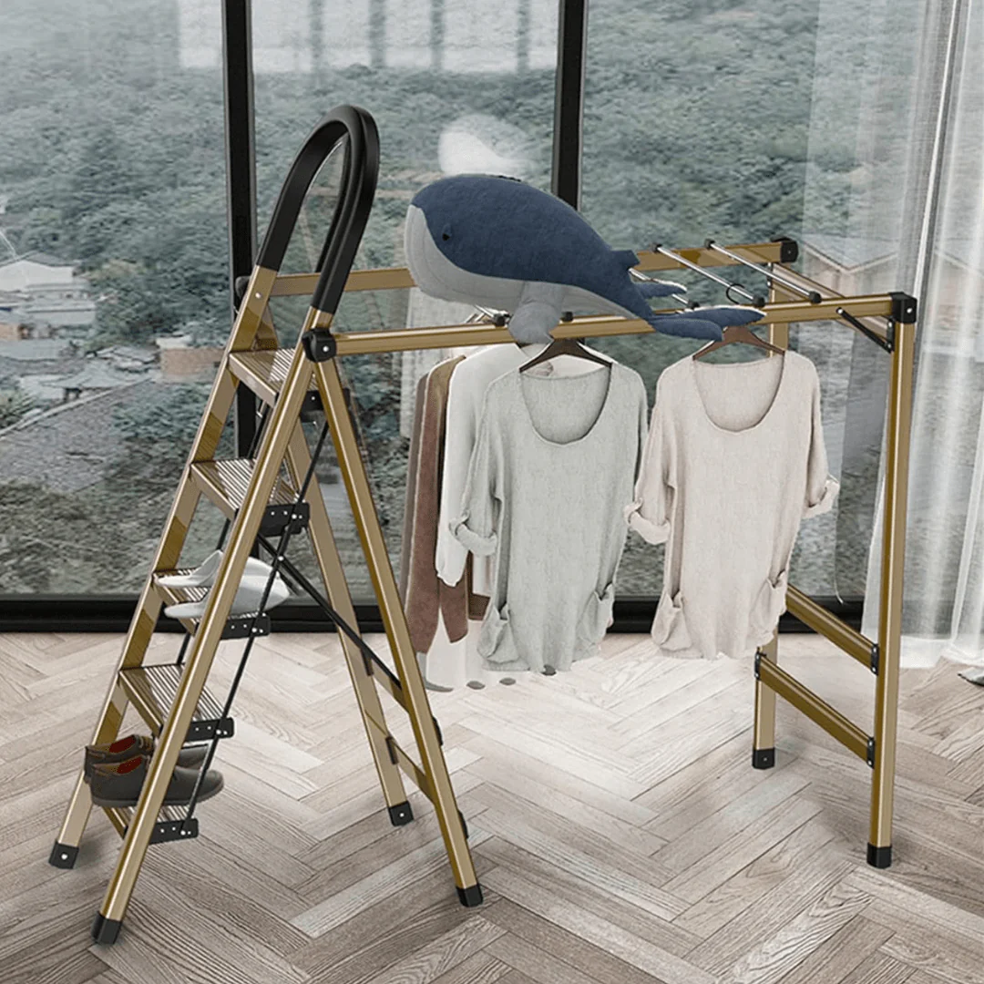 2-in-1 Aluminum 5 Steps Folding Ladder with Drying Rack - Image 3