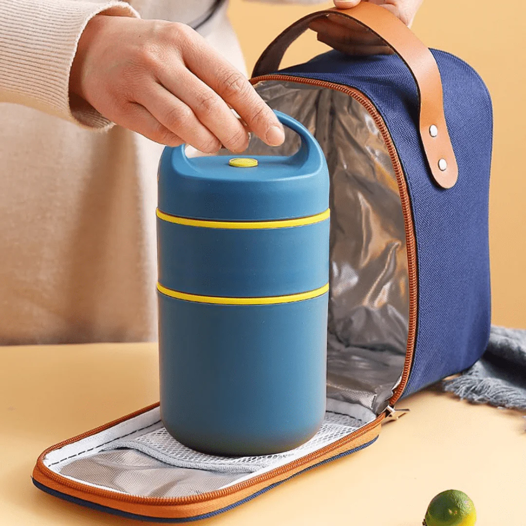 2-Tier Stainless Steel Insulated Lunch Box with Bag (680ml) - Image 2