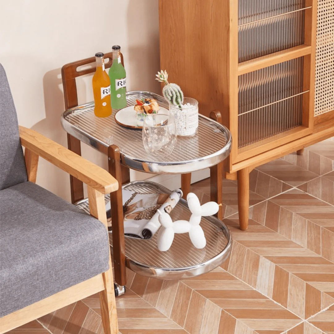 2-Tier Tempered Glass Rolling Cart with Wood Handle and Wheels - Image 3