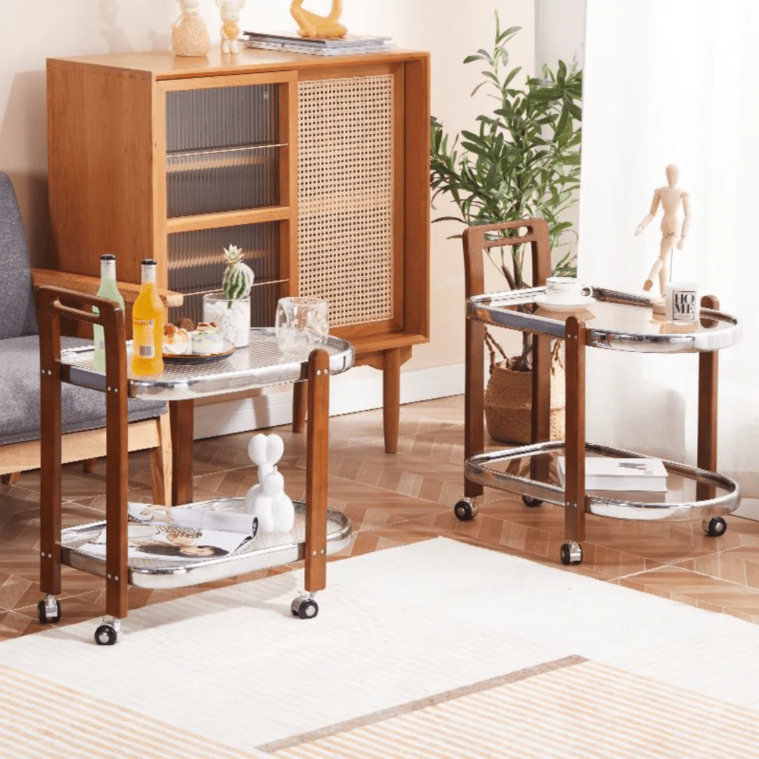 2-Tier Tempered Glass Rolling Cart with Wood Handle and Wheels - Image 5