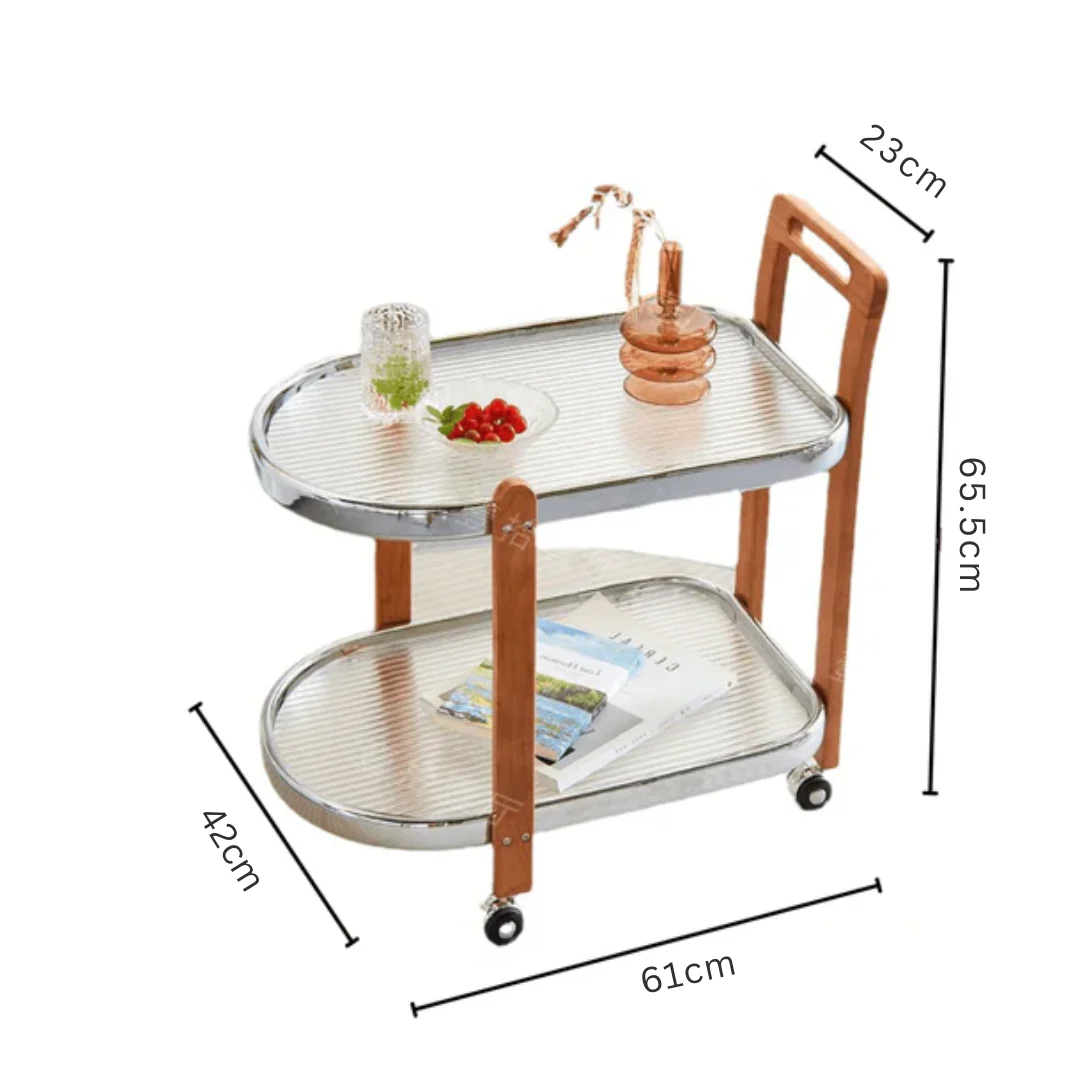 2-Tier Tempered Glass Rolling Cart with Wood Handle and Wheels - Image 6