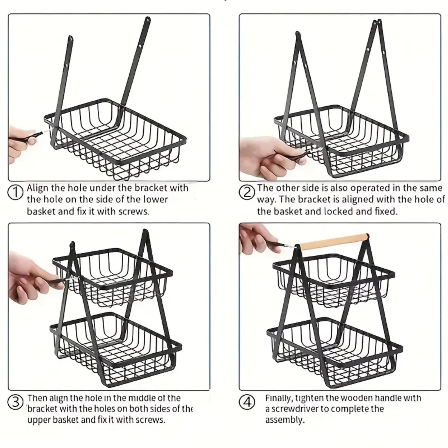 3-Tier Metal Storage Basket With Wooden Handle - Image 3