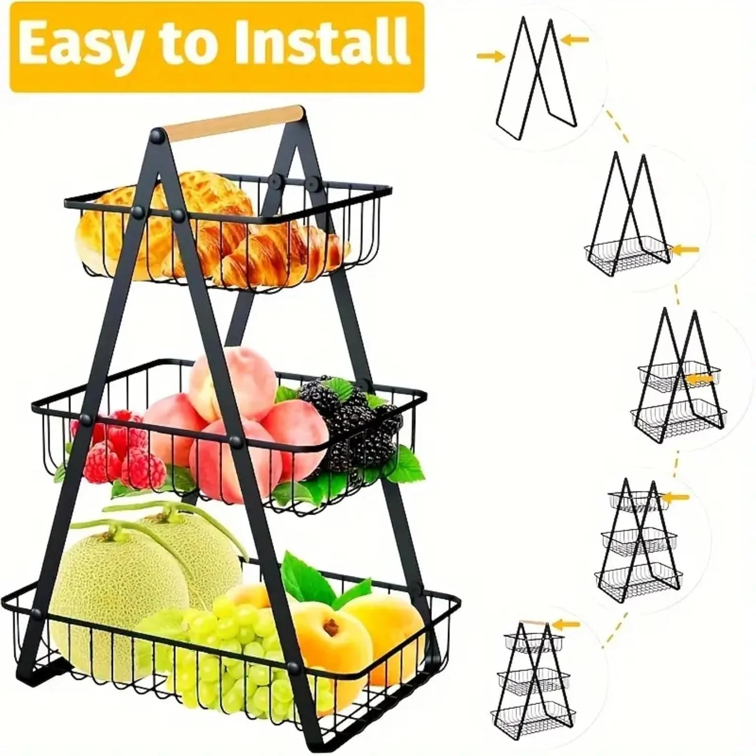 3-Tier Metal Storage Basket With Wooden Handle - Image 4