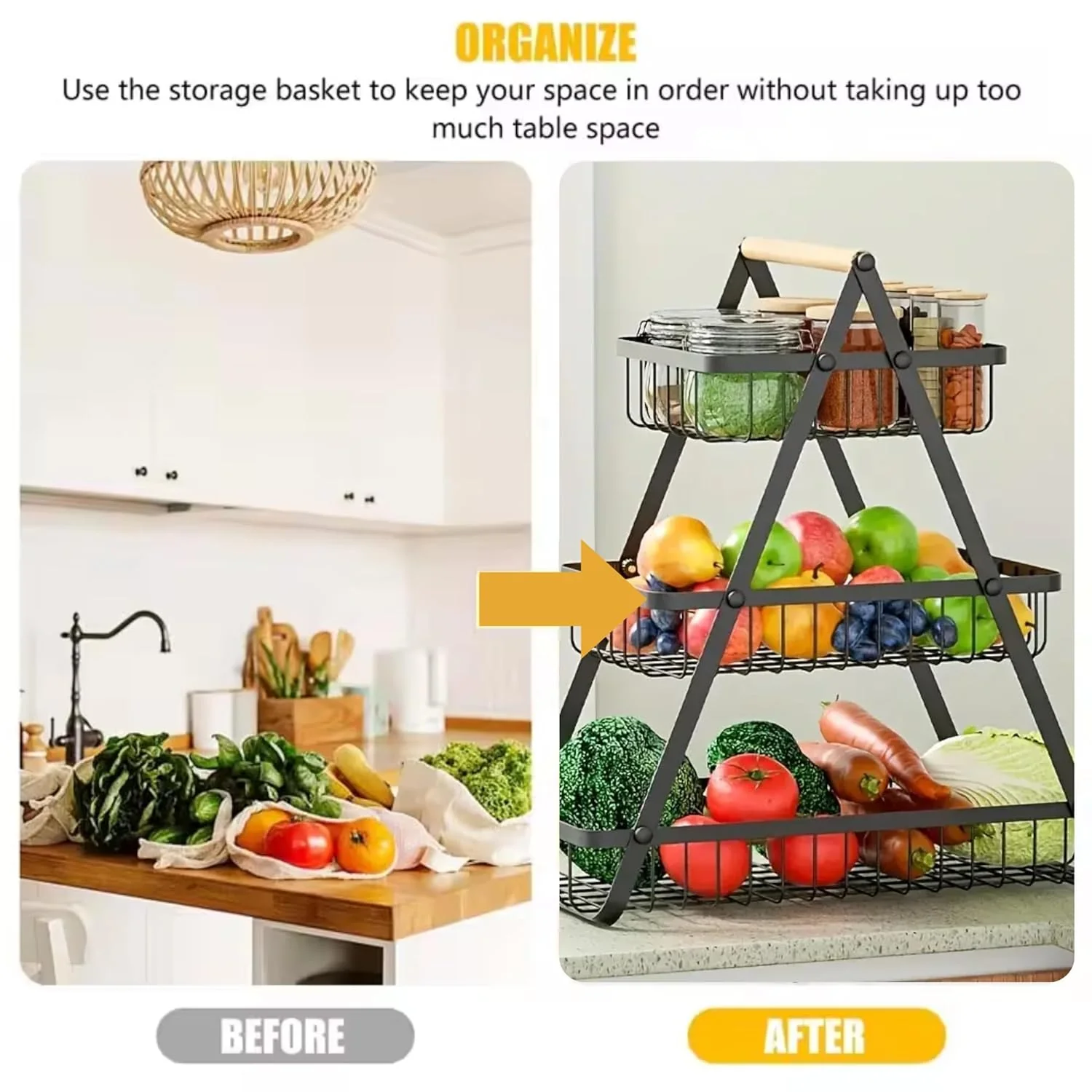 3-Tier Metal Storage Basket With Wooden Handle - Image 5