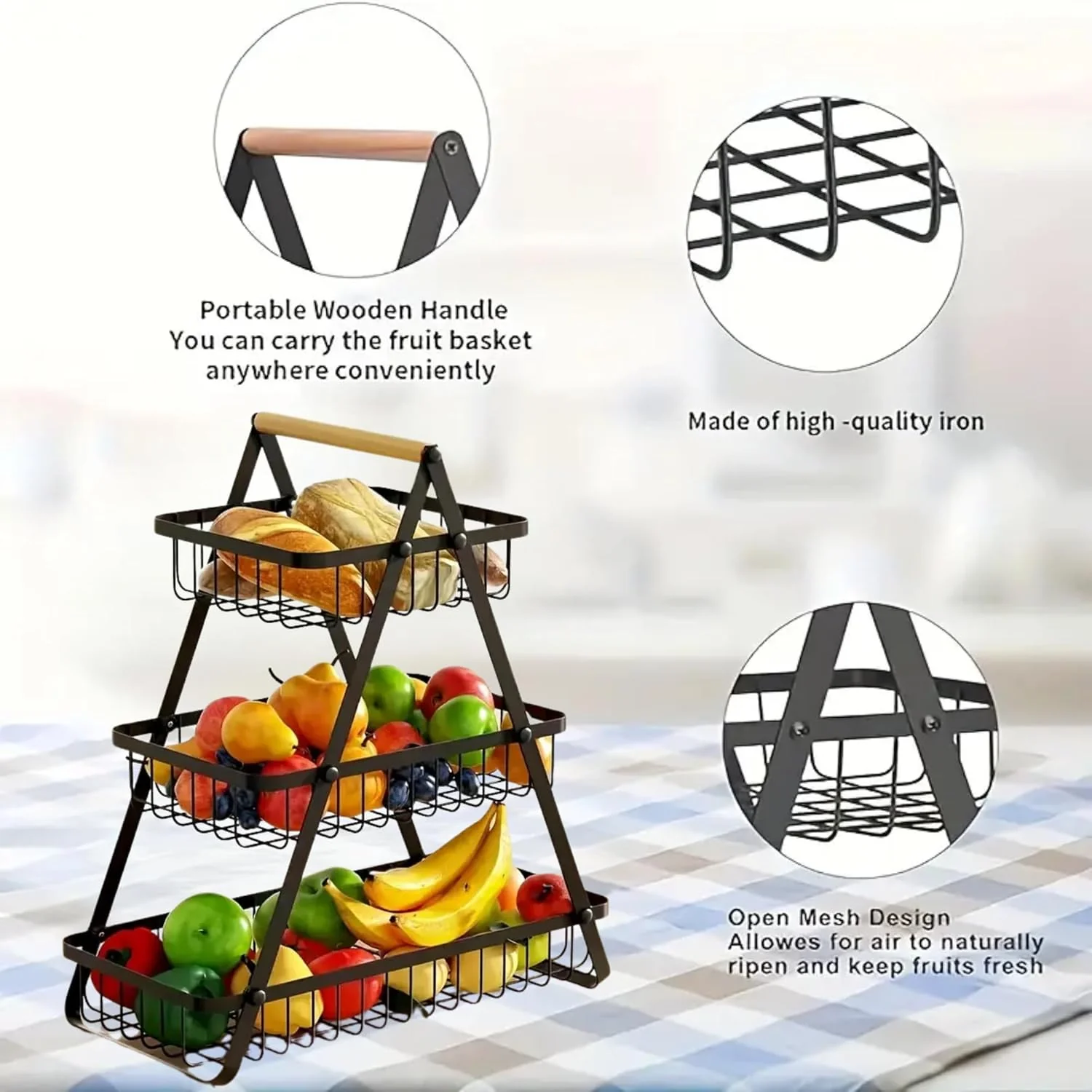 3-Tier Metal Storage Basket With Wooden Handle - Image 6