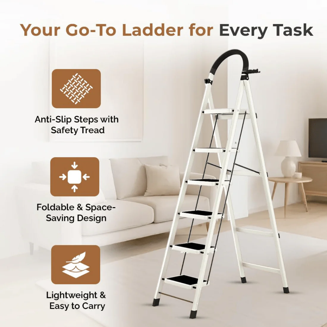 6-Step Foldable Carbon Mild Steel Ladder for Home - Image 3