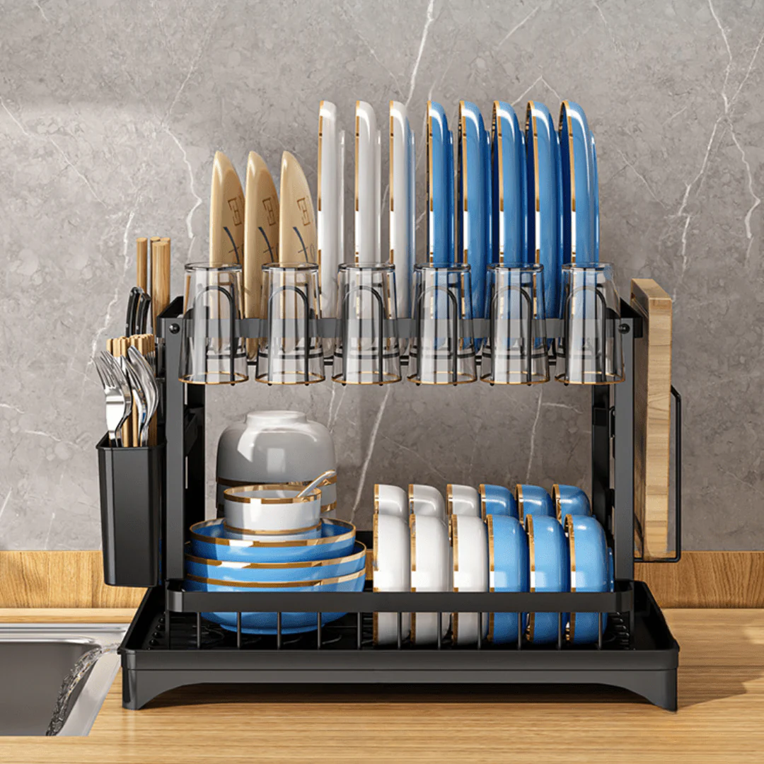 2 Tier Dish Drain Rack with Draining Outlet - Image 4