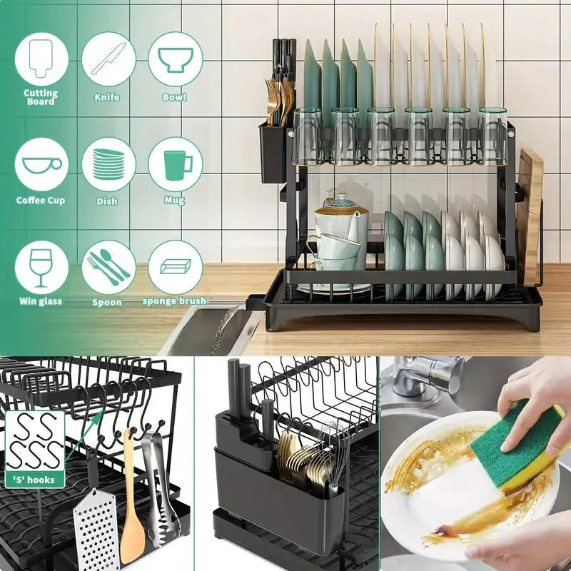 2 Tier Dish Drain Rack with Draining Outlet - Image 6