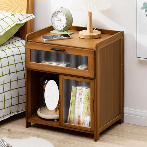 Bamboo Wood Bedside Table with Sliding Drawer & Rattan Cabinet (42cm) - Image 4