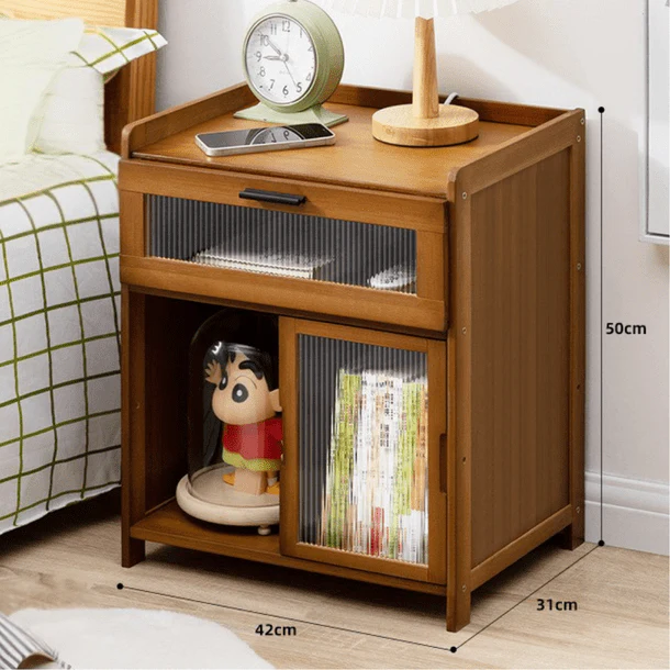 Bamboo Wood Bedside Table with Sliding Drawer & Rattan Cabinet (42cm) - Image 9