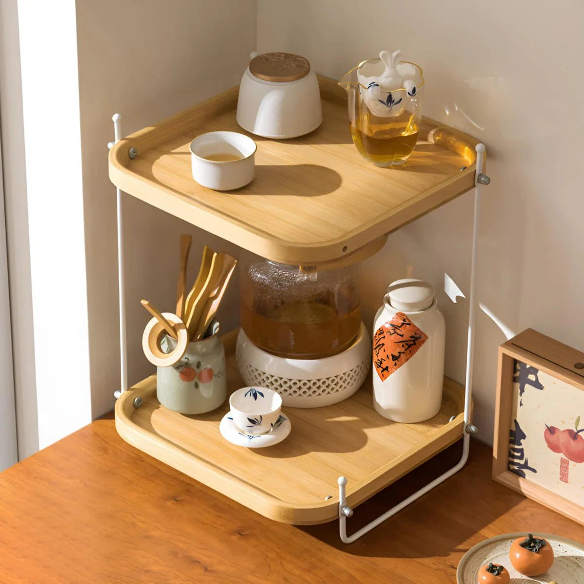 Bamboo Wood Two-Tier Tea Organizer Rack - Image 6