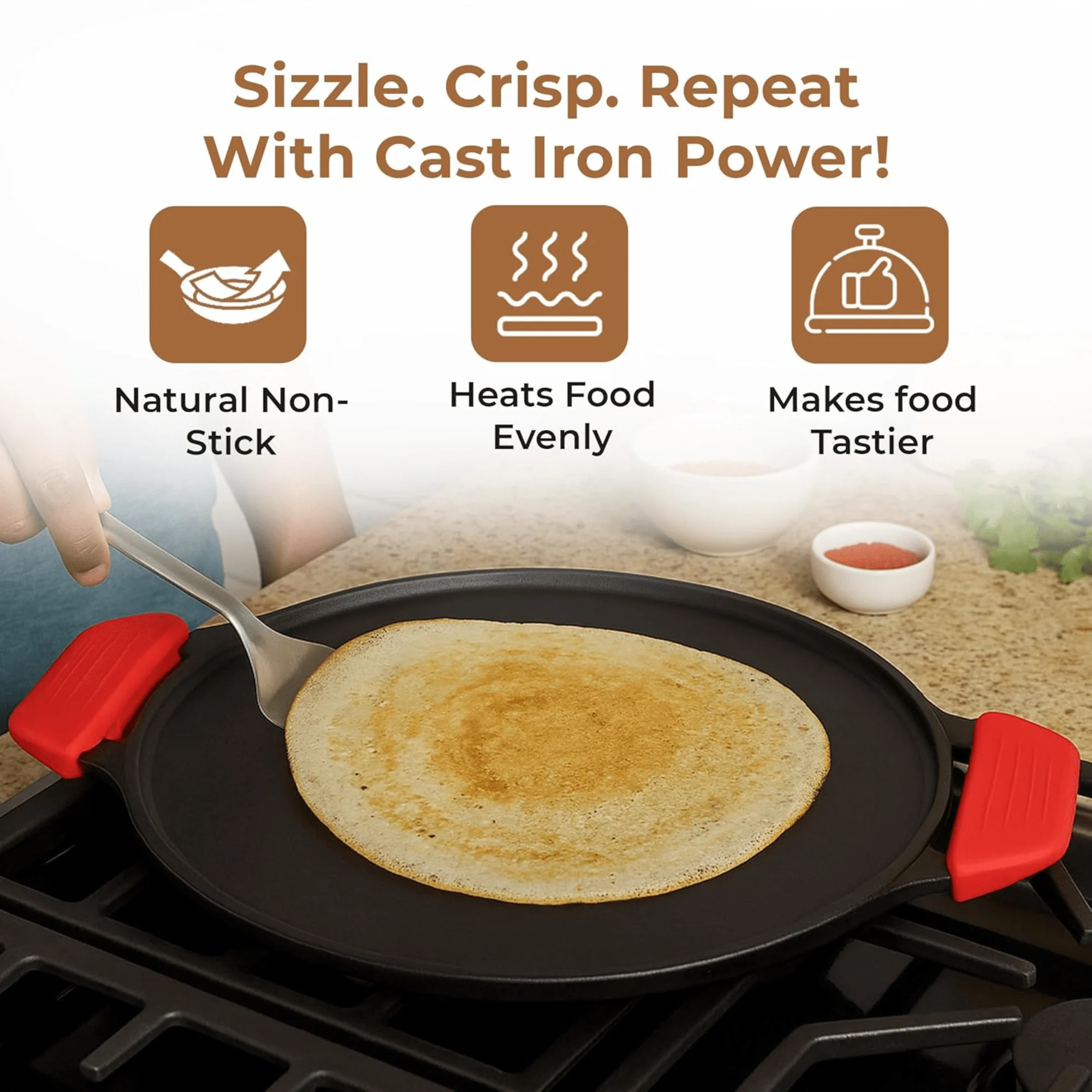 Cast Iron 2-in-1 30cm Reversible Tawa and Grill Pan - Image 4
