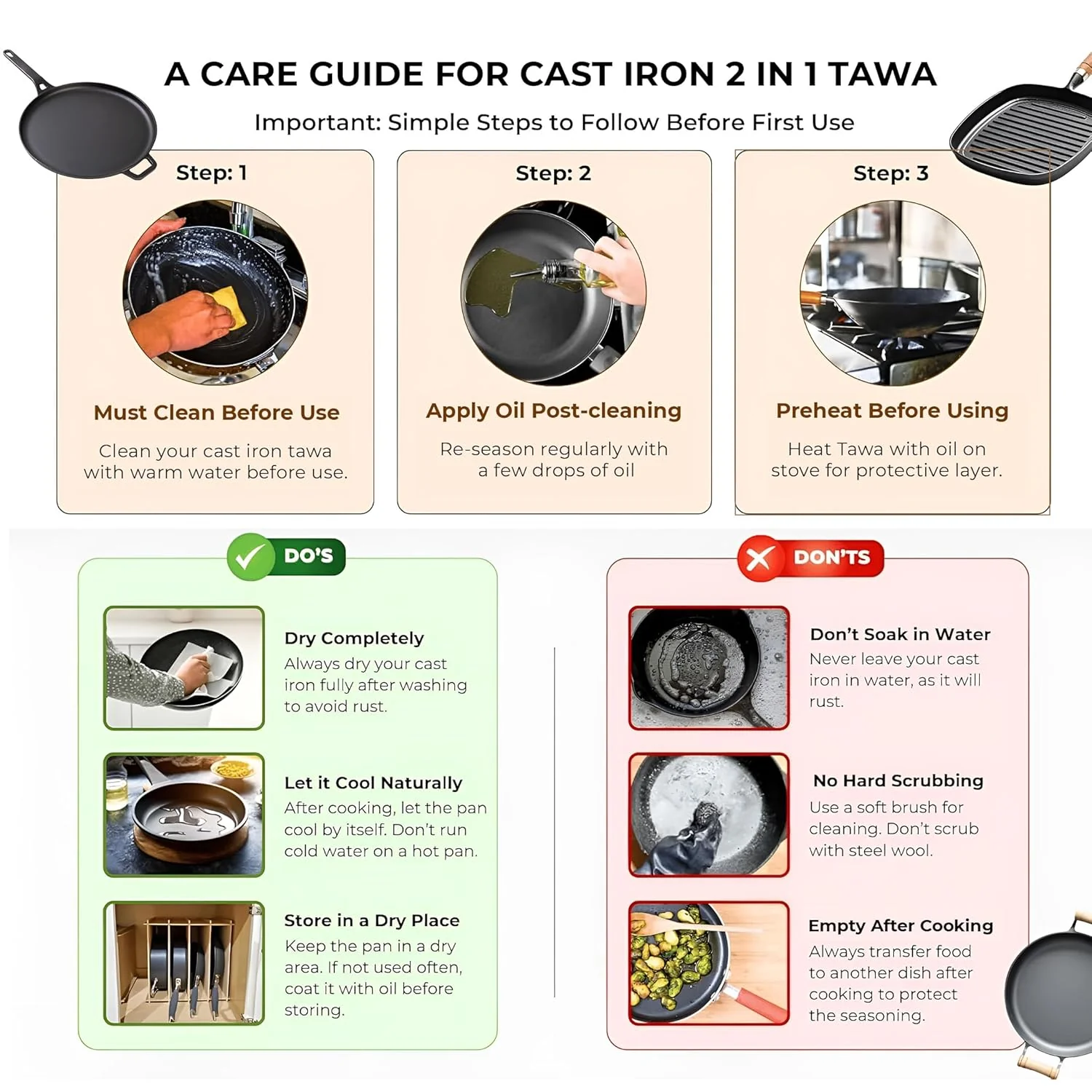 Cast Iron 2-in-1 30cm Reversible Tawa and Grill Pan - Image 7