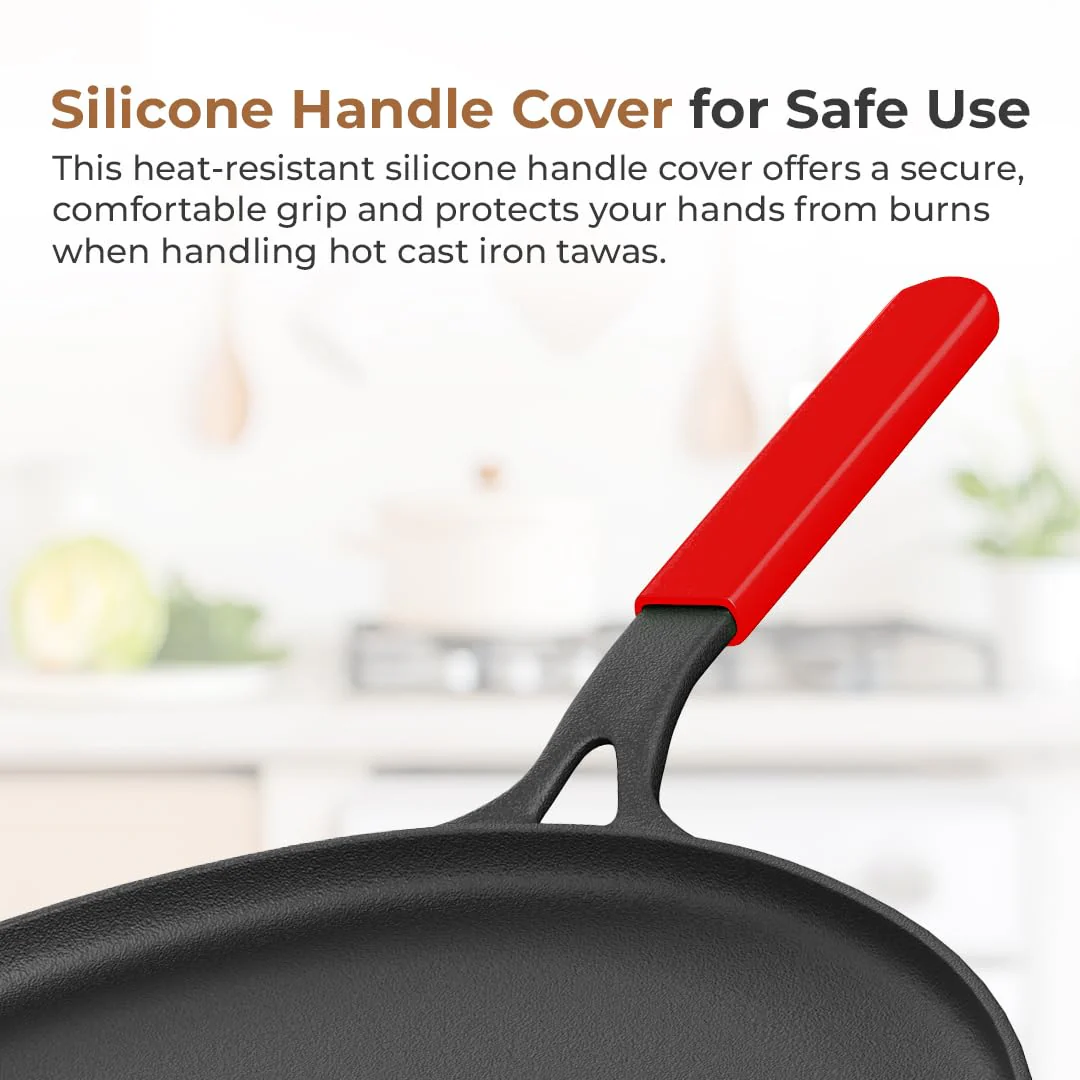 Cast Iron Flat Tawa for Dosa & Roti with Handle Cover (28cm) - Image 3