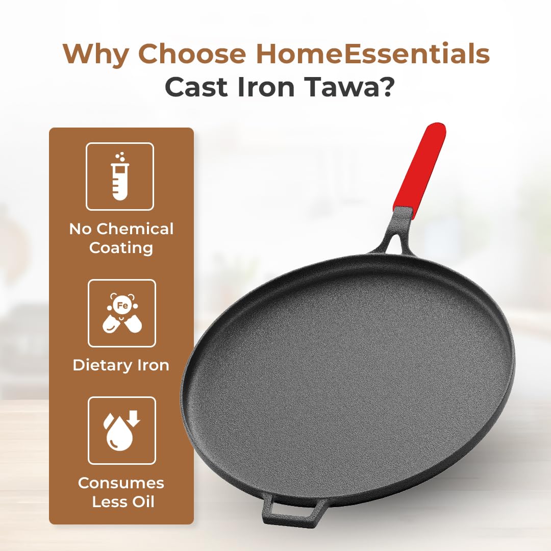 Cast Iron Flat Tawa for Dosa & Roti with Handle Cover (28cm) - Image 4