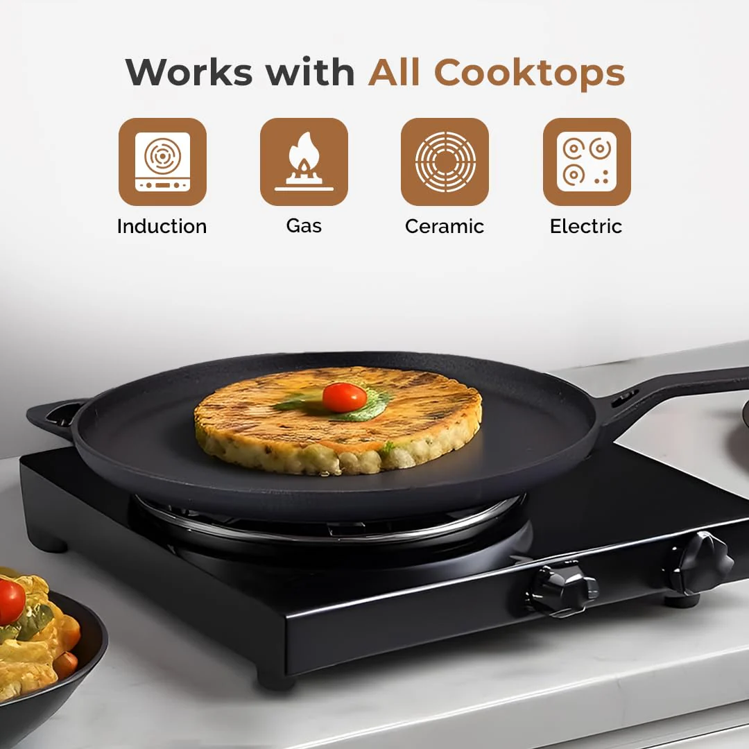 Cast Iron Flat Tawa for Dosa & Roti with Handle Cover (28cm) - Image 6