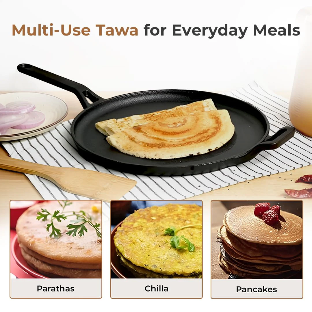 Cast Iron Flat Tawa for Dosa & Roti with Handle Cover (28cm) - Image 7