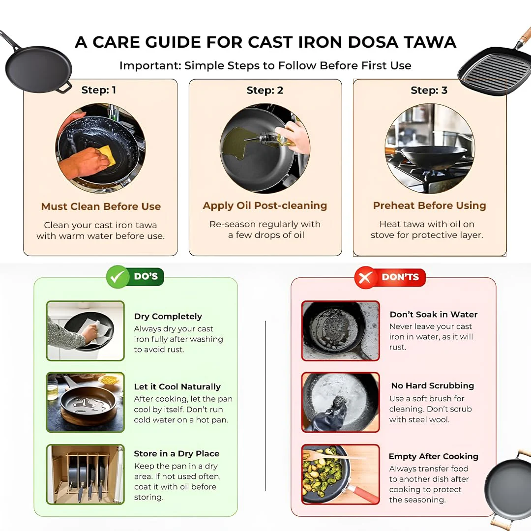 Cast Iron Flat Tawa for Dosa & Roti with Handle Cover (28cm) - Image 8