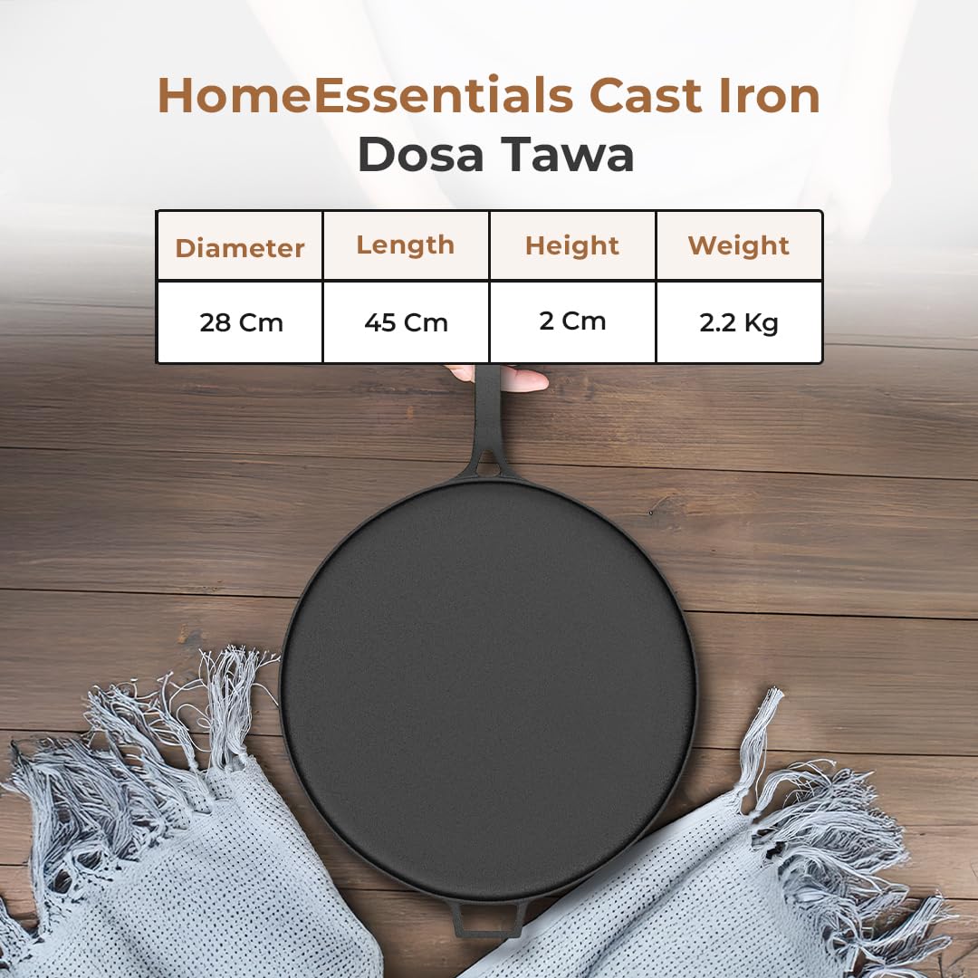 Cast Iron Flat Tawa for Dosa & Roti with Handle Cover (28cm) - Image 9