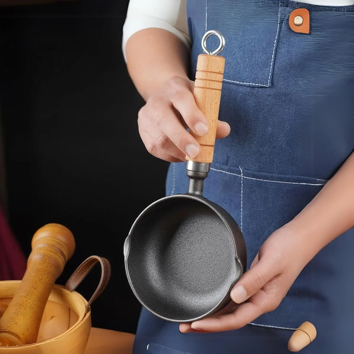 Cast Iron Non-Stick Tadka Pan with Wooden Handle - Image 3