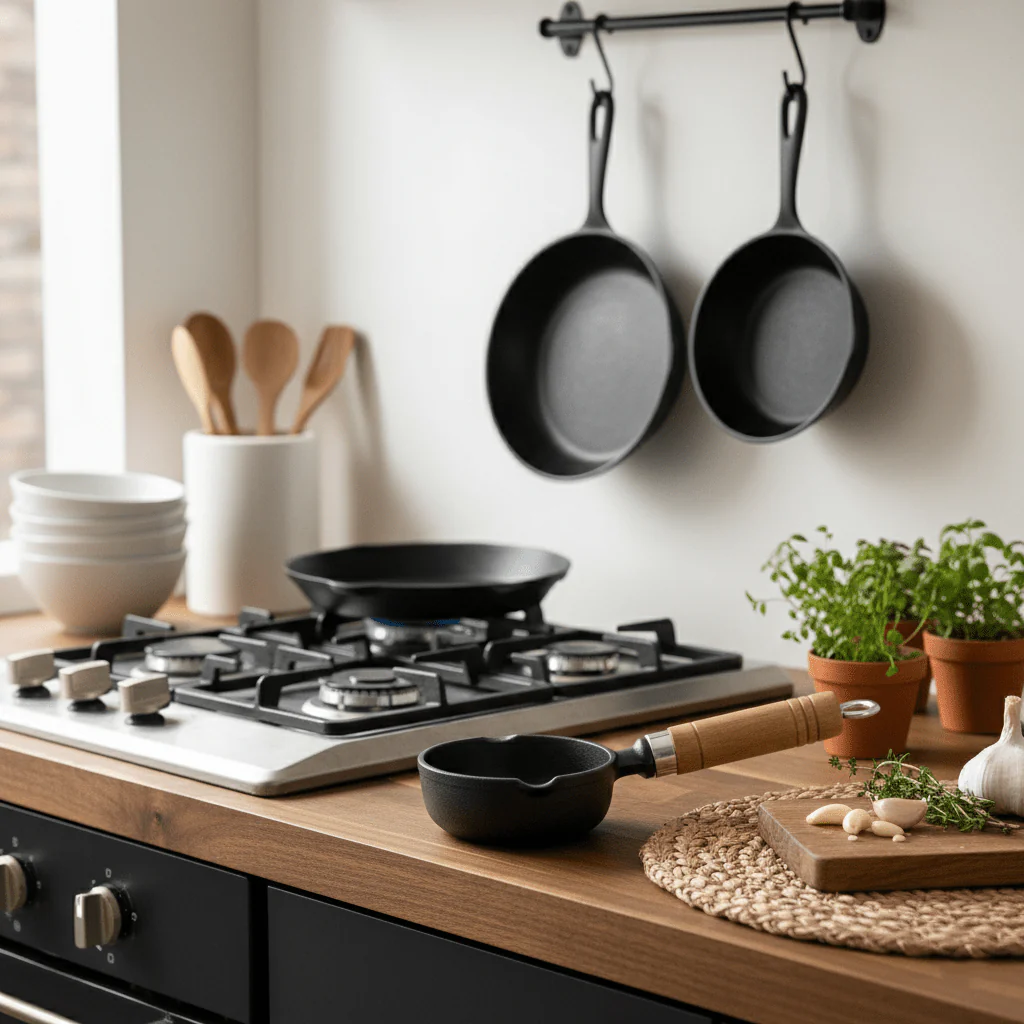 Cast Iron Non-Stick Tadka Pan with Wooden Handle - Image 6