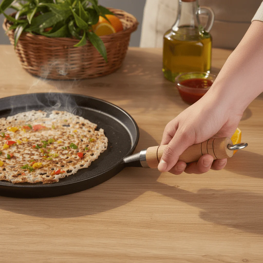 Cast Iron Non-Stick Tawa with Wooden Handle (23 cm) - Image 6