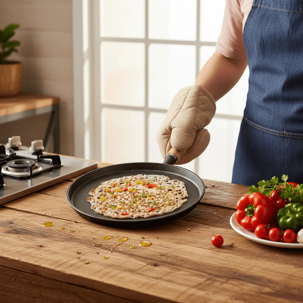 Cast Iron Non-Stick Tawa with Wooden Handle (23 cm) - Image 7