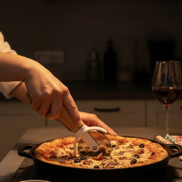 Classic Stainless Steel Pizza Cutter with Wood Handle - Image 2