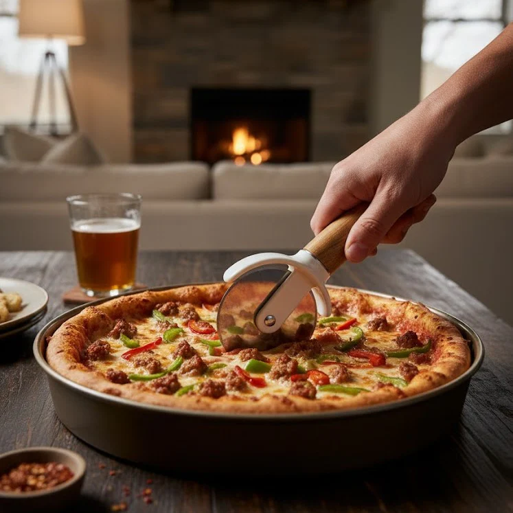 Classic Stainless Steel Pizza Cutter with Wood Handle - Image 3