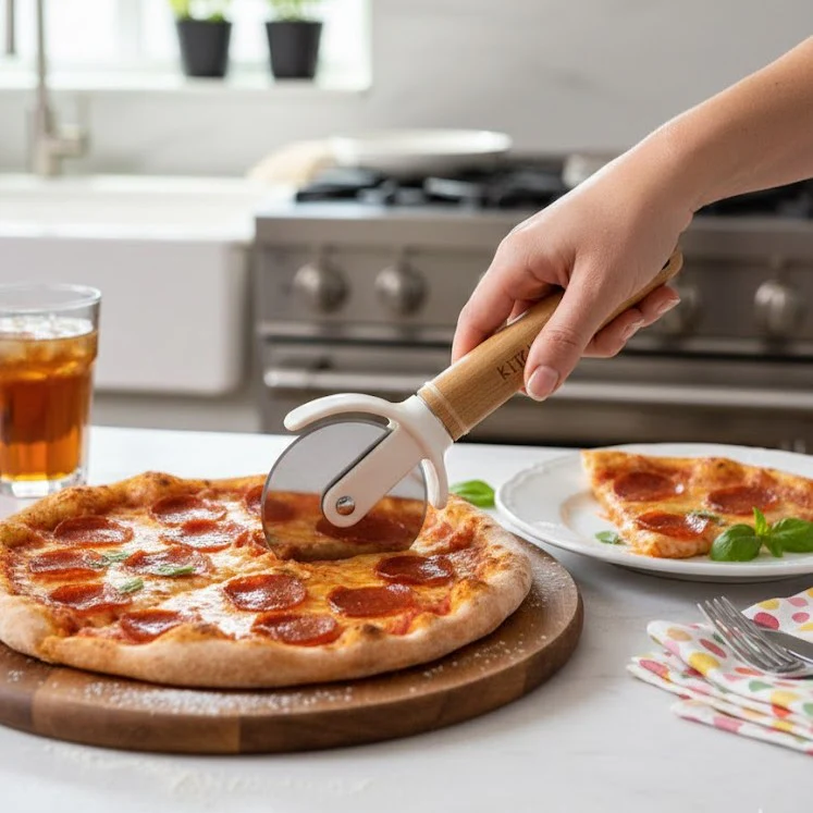 Classic Stainless Steel Pizza Cutter with Wood Handle - Image 4