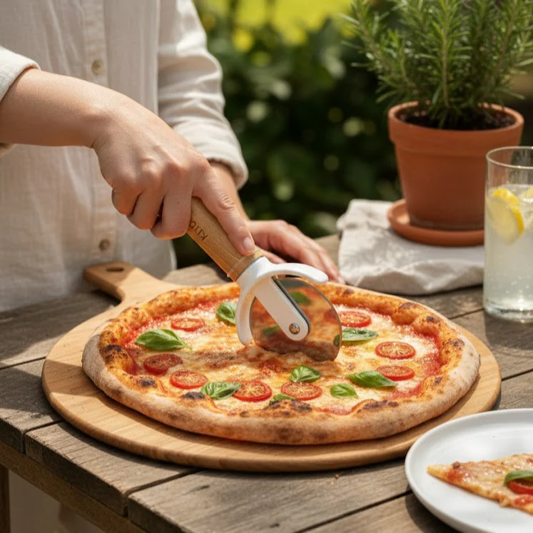 Classic Stainless Steel Pizza Cutter with Wood Handle - Image 5