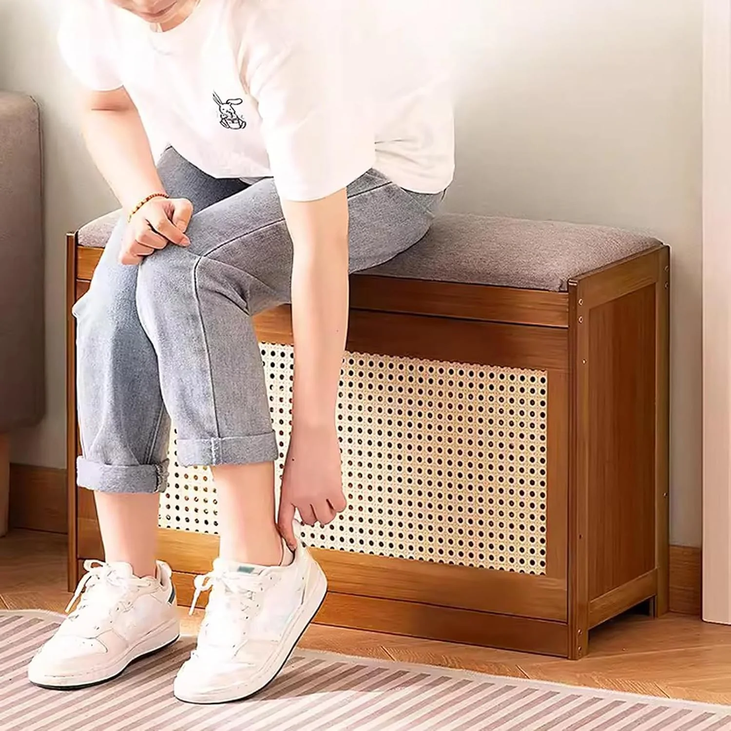 Double-Layer Bamboo Wooden Shoe Organizer Bench with Cushion Seat (70cm) - Image 3