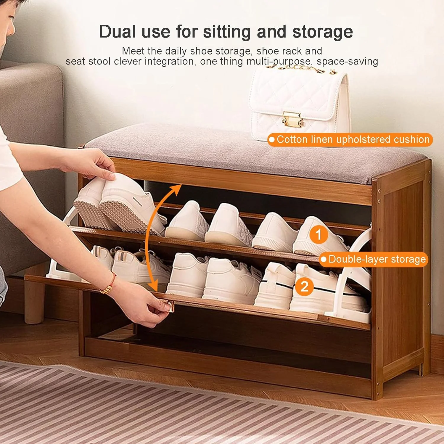 Double-Layer Bamboo Wooden Shoe Organizer Bench with Cushion Seat (70cm) - Image 5