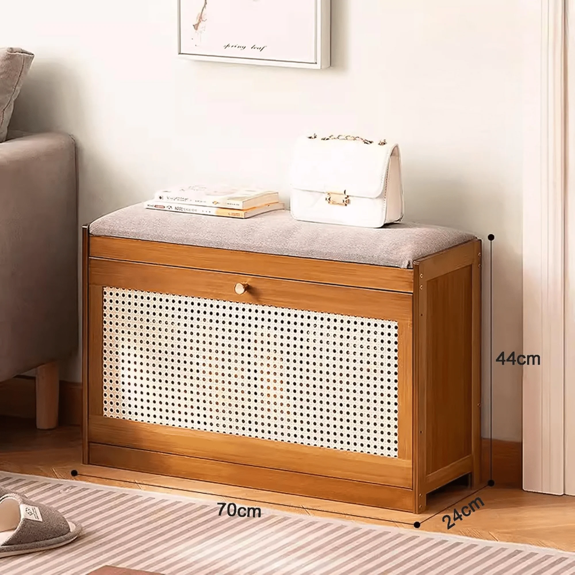 Double-Layer Bamboo Wooden Shoe Organizer Bench with Cushion Seat (70cm) - Image 6