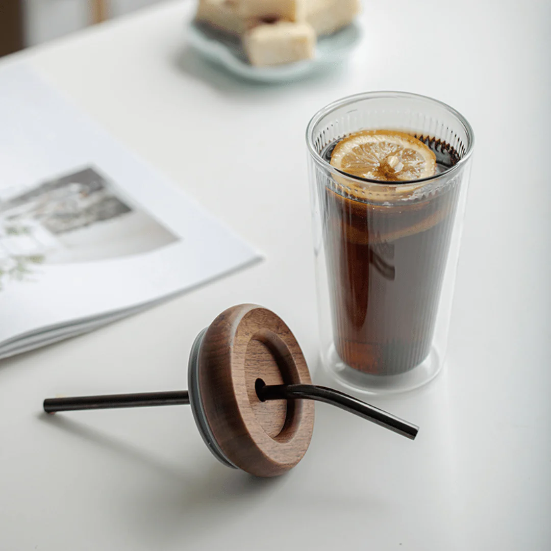 Double Layer Borosilicate Glass Straw Cup with Wooden Lid(500ml) - Image 3