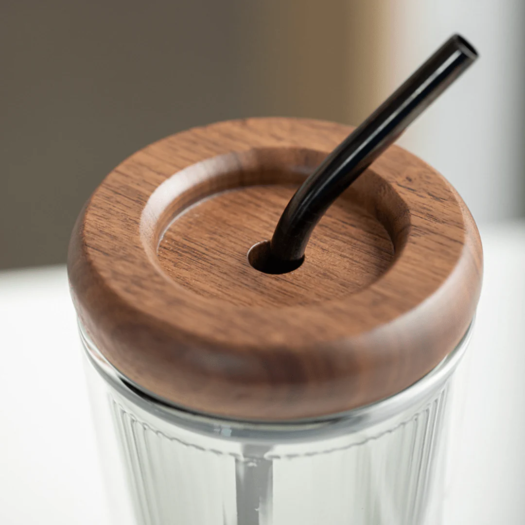 Double Layer Borosilicate Glass Straw Cup with Wooden Lid(500ml) - Image 4