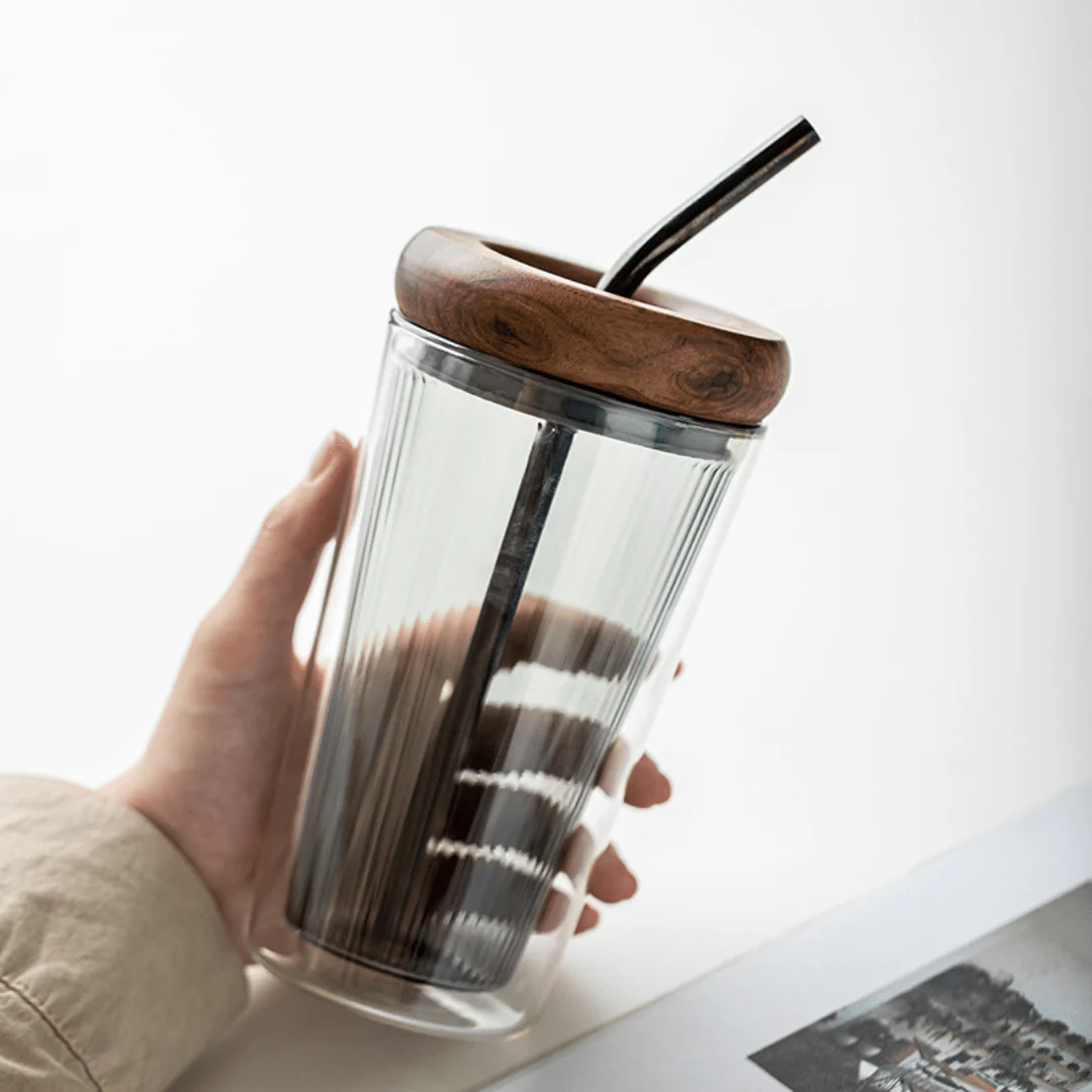 Double Layer Borosilicate Glass Straw Cup with Wooden Lid(500ml) - Image 5