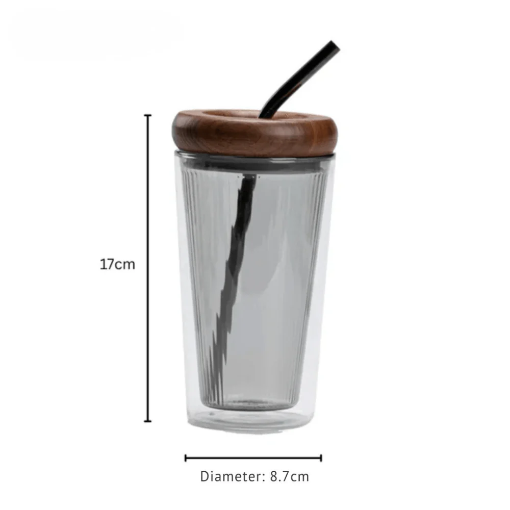 Double Layer Borosilicate Glass Straw Cup with Wooden Lid(500ml) - Image 6