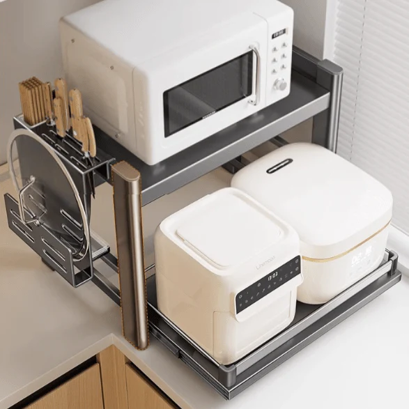 Double-Layer Pull-Out Kitchen Microwave Oven Storage Rack - Image 5