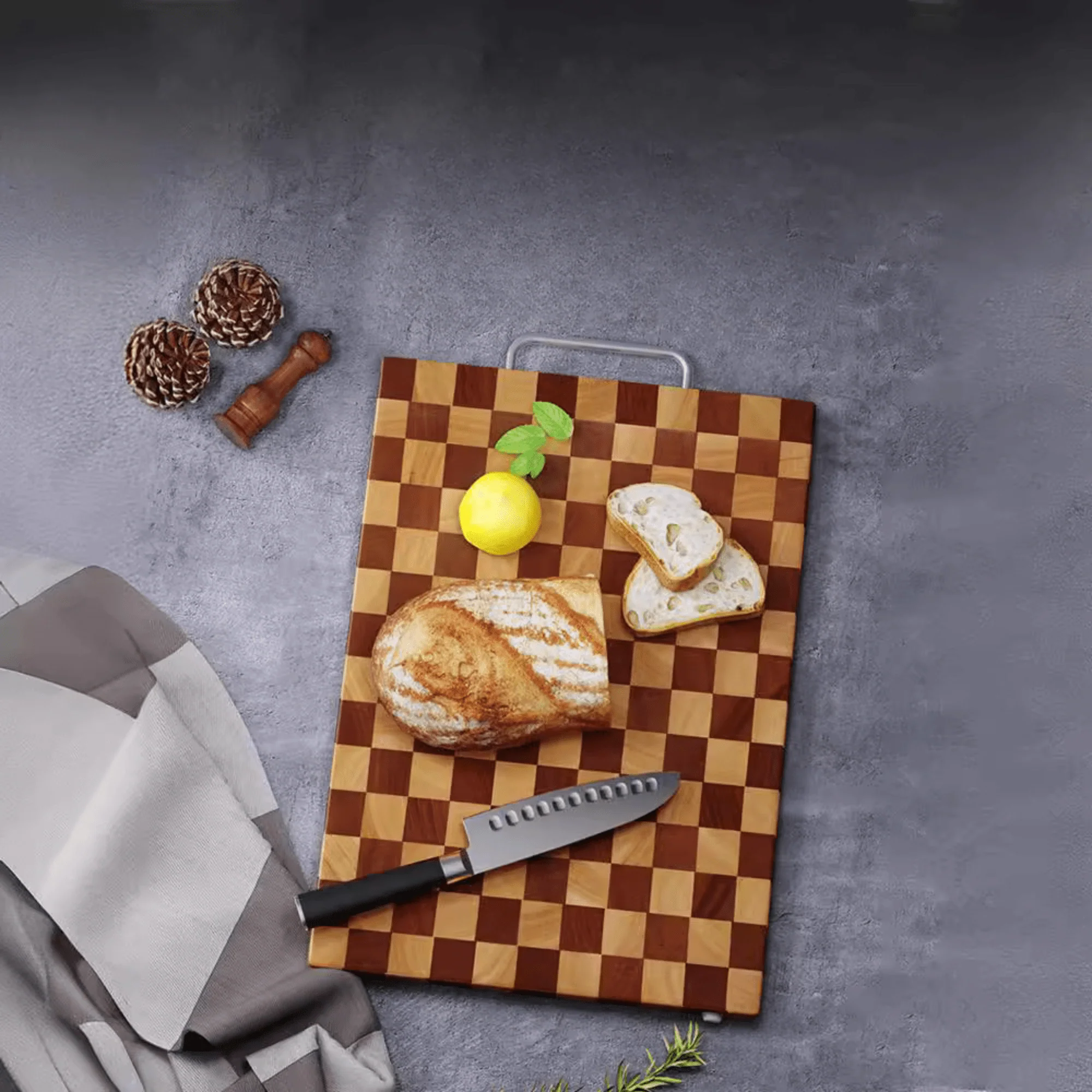 Double-Sided Rubber Wood Cutting Board with Chess Grid Design (40 cm) - Image 2