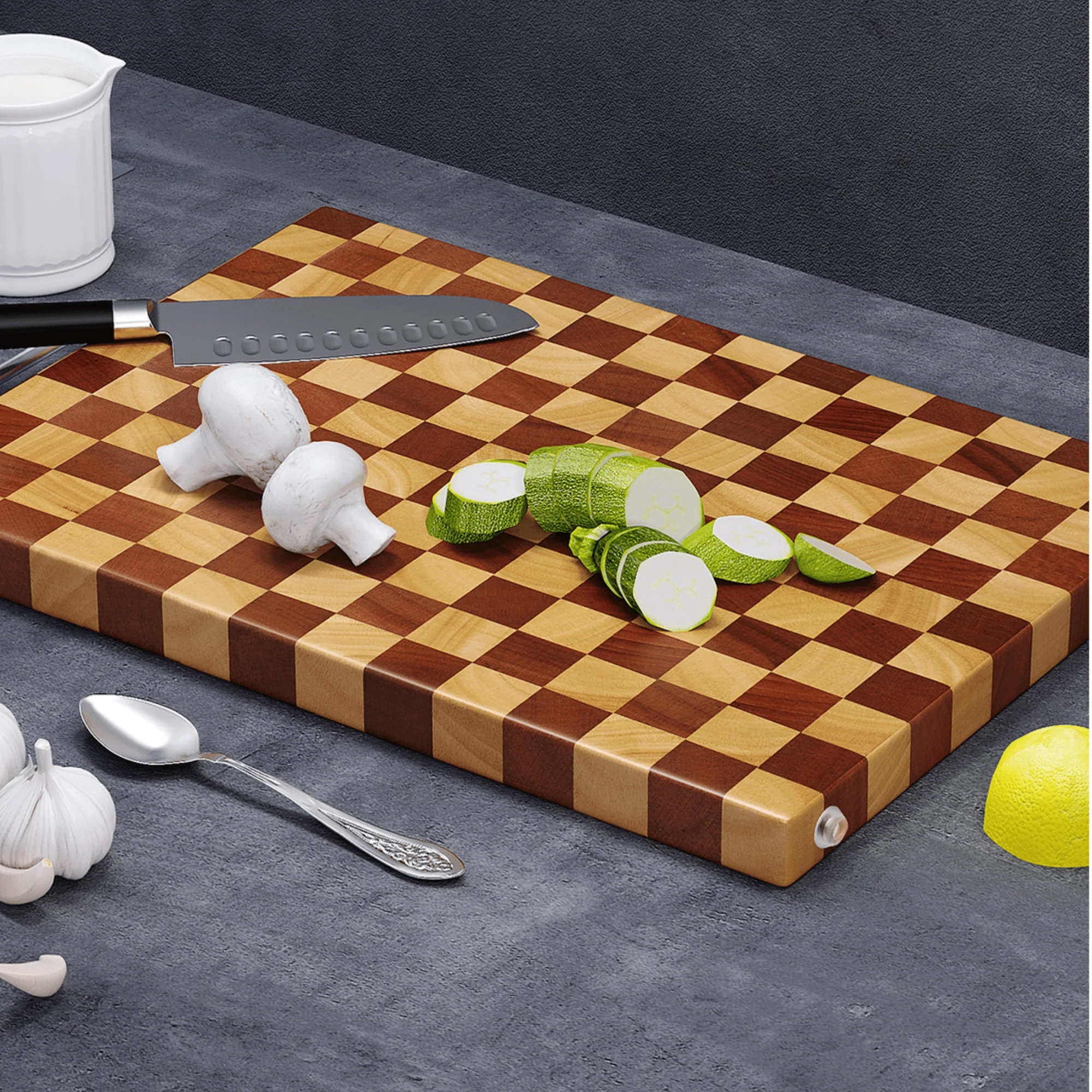 Double-Sided Rubber Wood Cutting Board with Chess Grid Design (40 cm) - Image 3