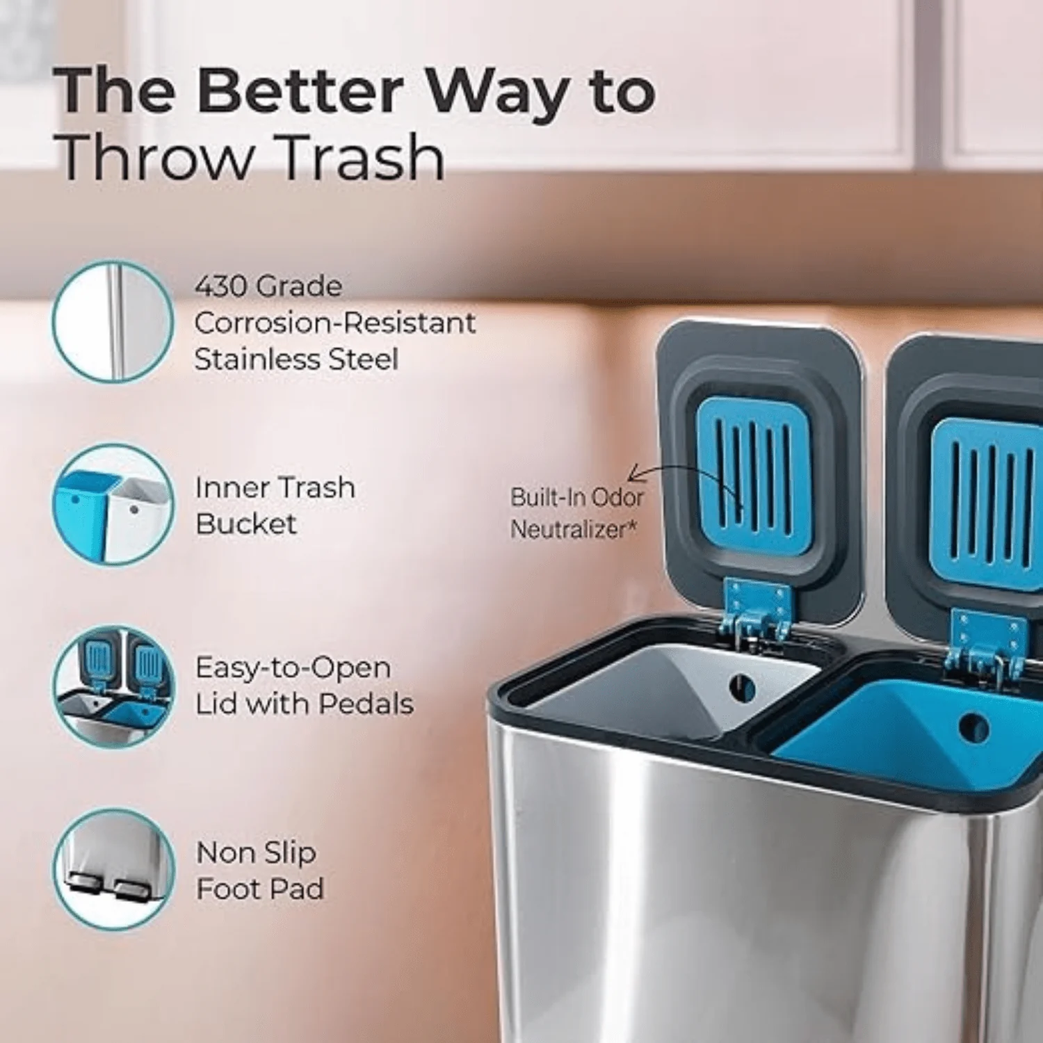 Dual Step Stainless Steel Trash Can (18L) - Image 7