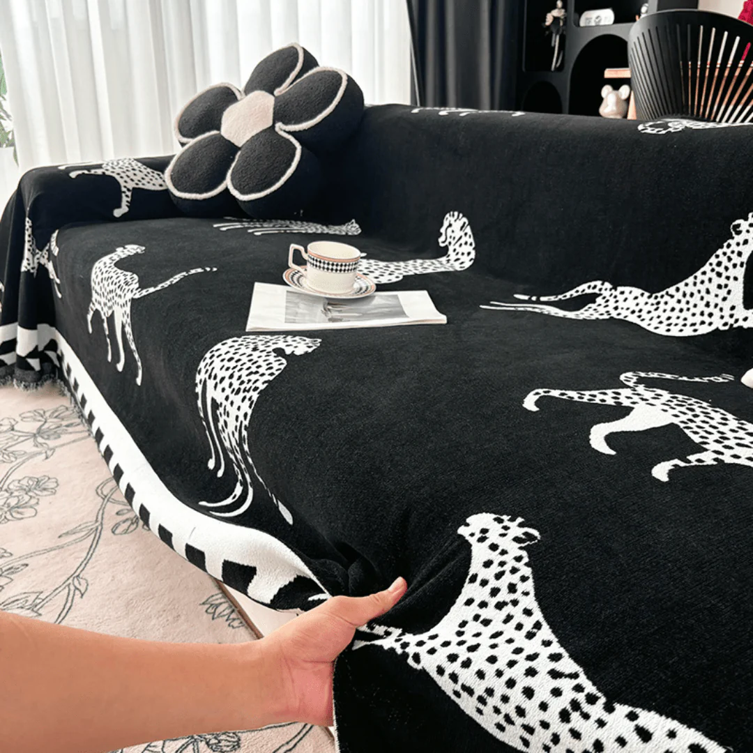 Leopard Print Black & White Elegance Chenille Sofa Cover - Image 3