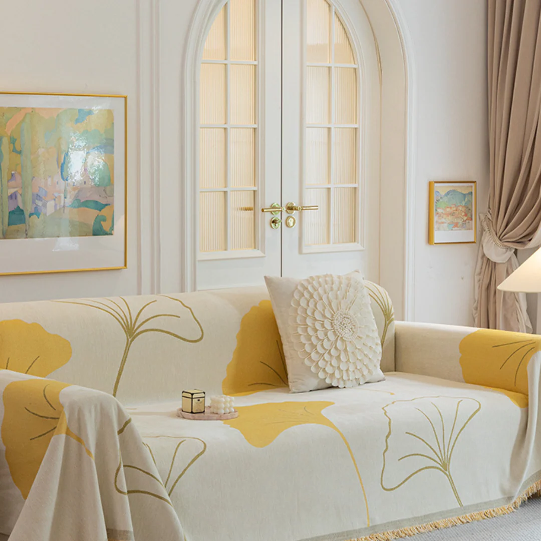 Ginkgo Leaf Print Yellow Elegance Chenille Sofa Cover :[EM-SC-29] Style-5 - Image 3
