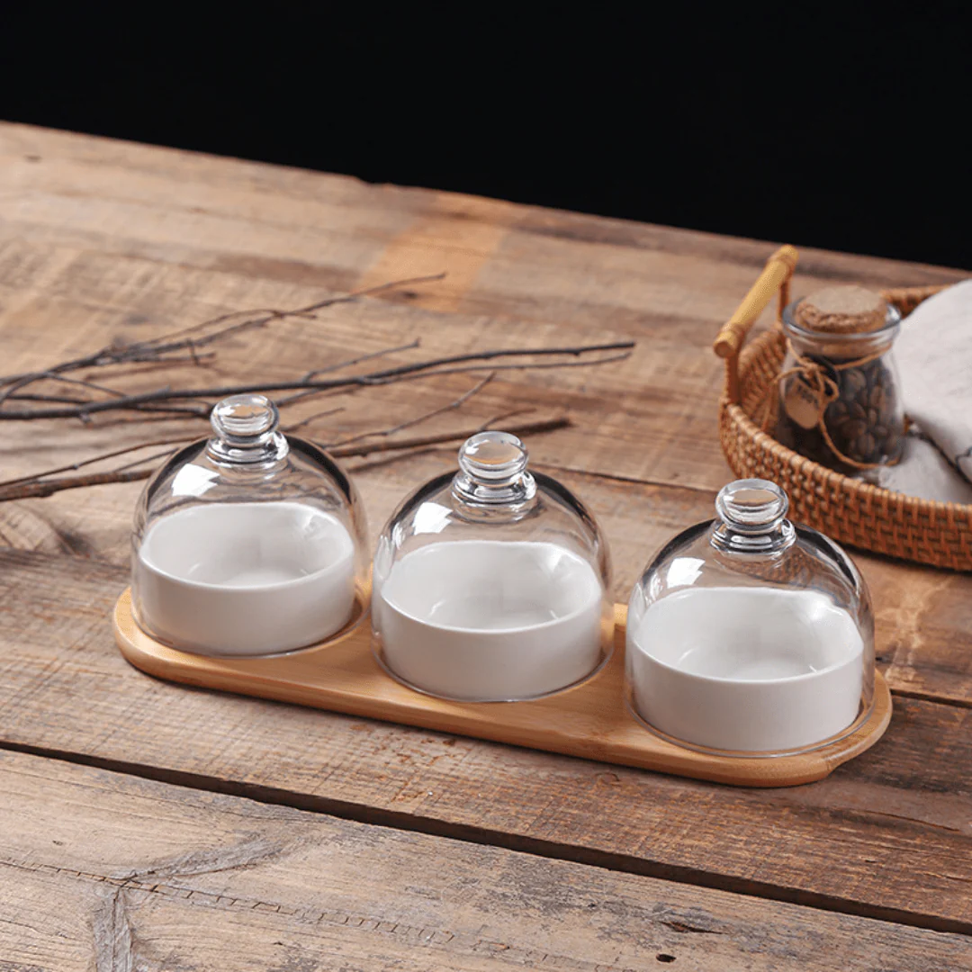 Elegant Ceramic Bowl Set with Glass Lid and Bamboo Tray - Image 3