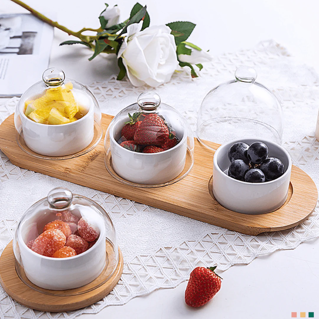 Elegant Ceramic Bowl Set with Glass Lid and Bamboo Tray - Image 4