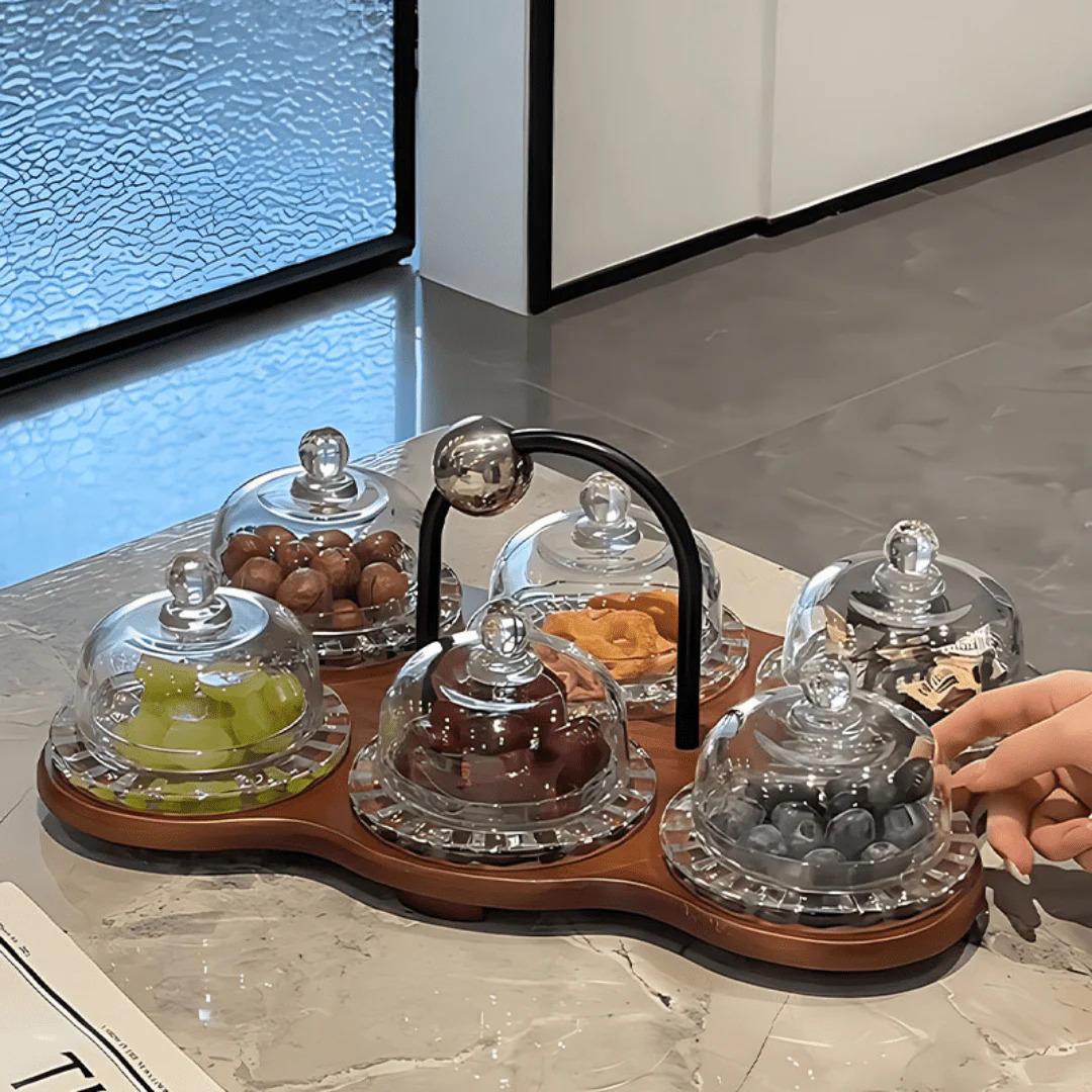 Elegant Multi-Dome Glass Snack Tray with Wooden Base Set - Image 2