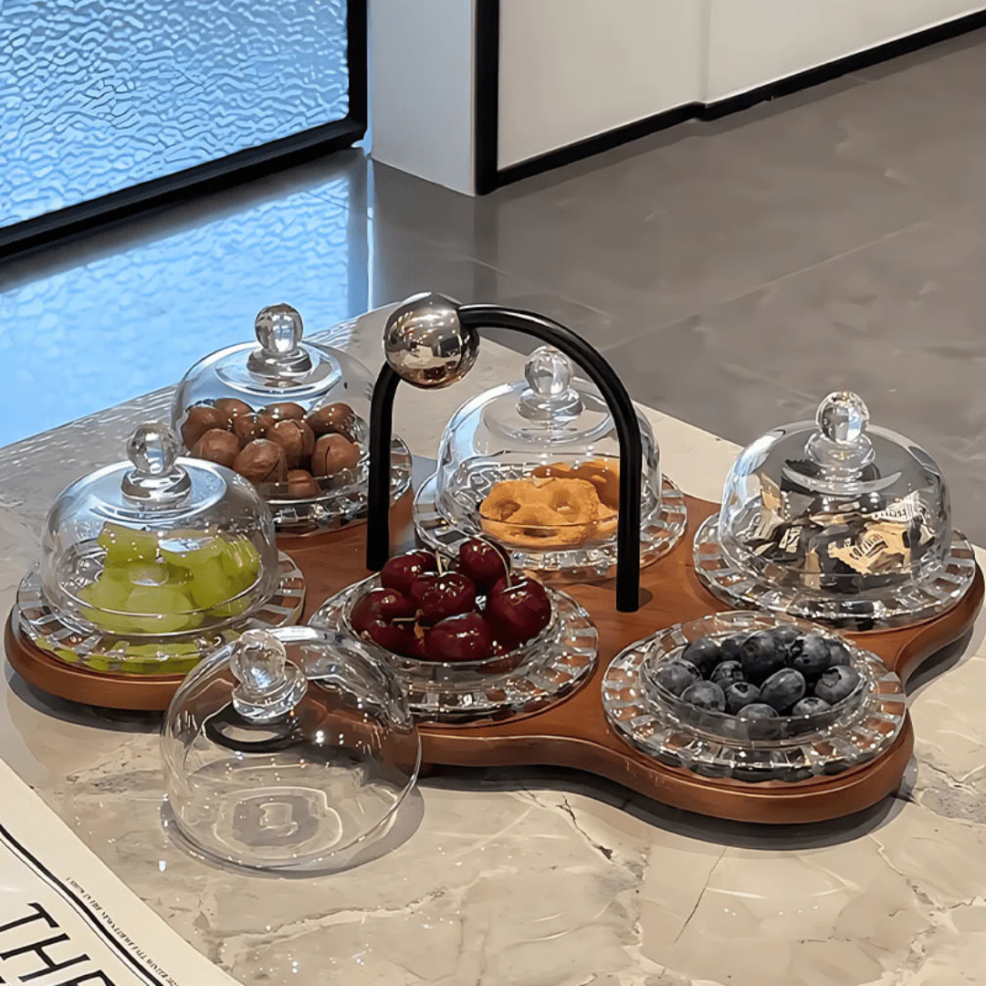 Elegant Multi-Dome Glass Snack Tray with Wooden Base Set - Image 3