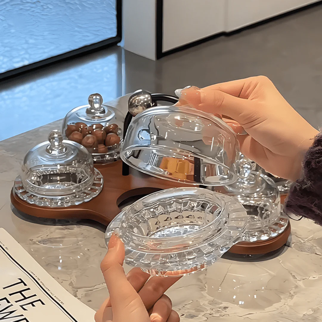 Elegant Multi-Dome Glass Snack Tray with Wooden Base Set - Image 4